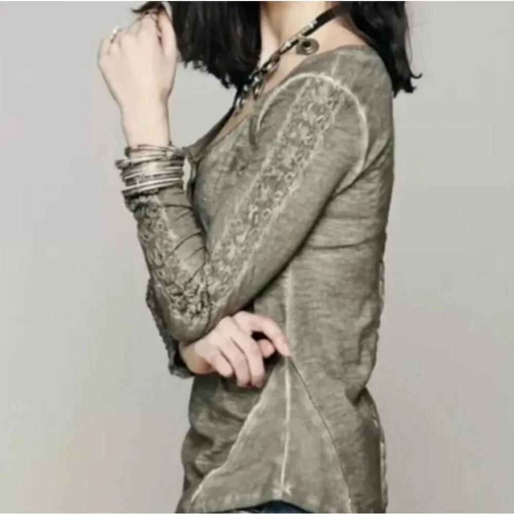 Free People Shell sleeve lace trim Henley turquoise small